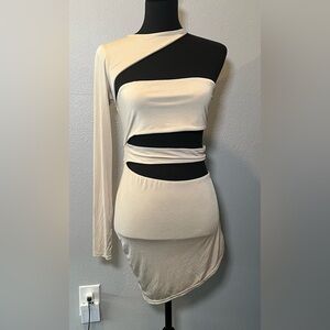 PrettyLittleThings Stone Slinky One Shoulder Cut Out Mini Dress Size 8 NWOT